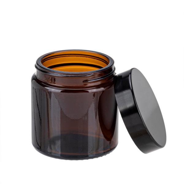 Borcan Sticla Ambra cu Capac Negru – Recipient DIY