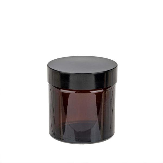 Borcan Sticla Ambra cu Capac Negru – Recipient DIY