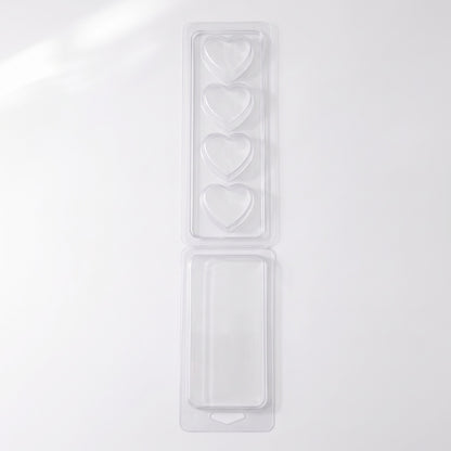 Detaliu matriță clam shell 4 inimi, wax melts în ambalaj PET